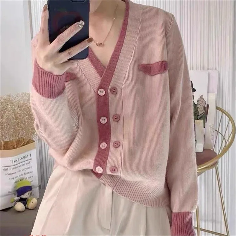 

DAYIFUN Korean V-neck Knitted Cardigans Autumn Fashion Single Breasted Kpop Tops Women Sweater Long Sleeve Loose Jumpers Mujer