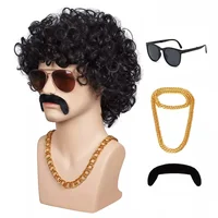 Men's Black Short Curly Synthetic Cosplay Wig Honey Gold Brown 70s Disco 3 Piece Mustache Gold Chain Halloween Costume Party Wig