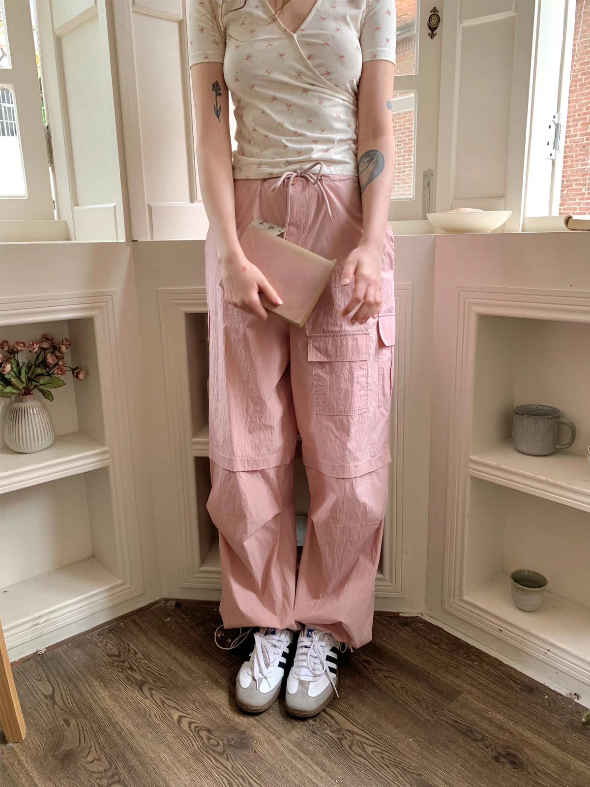 Overalls Women's American-Style Retro Casual Pants Loose Lightweight Ankle-Tied Drawstring High Waist Pocket Straight Pants Pink