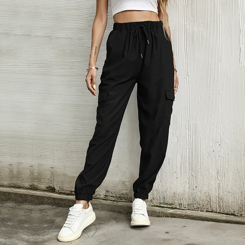 

Spring Autumn Fashion Black Drawstring Pocket Commute Trousers Solid Colors Casual Women Pencil Pants All-Match Straight Pants