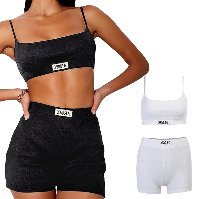 

ASDS-2Set Summer Women Set Spaghetti Strap Crop Top And Mini Biker Shorts Embroidered Two Piece Sets S White/Black