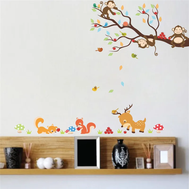 

Naughty Monkey On Tree Branch Wall Art Stickers For Home Decorations Diy Cartoon Bird Animal Mural Art PVC Decal Kids Poster