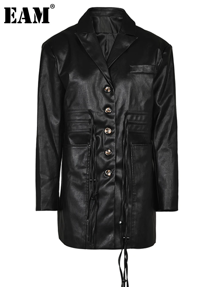 

[EAM] Loose Fit Pu Leather Bandage Big Size Jacket New Lapel Long Sleeve Women Coat Fashion Tide Spring Autumn 2023 1DF520301