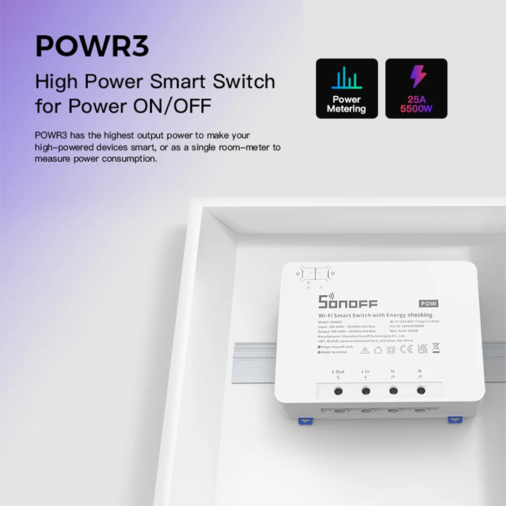 

Беспроводной смарт-переключатель SONOFF POWR3 с Wi-Fi, 25 А, 5500 Вт