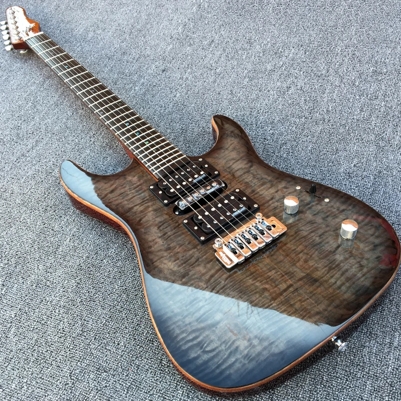 

Custom Shop Flame Maple Top Trans Black Electric Guitar Gloss Finished, Tremolo Bridge, Locking Tuners, Abalone Dot inlays