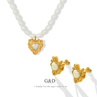 gd vintage baroque pearl chain heart pendant necklaceearrings pvd stainless steel golden jewelry for women anniversary gift