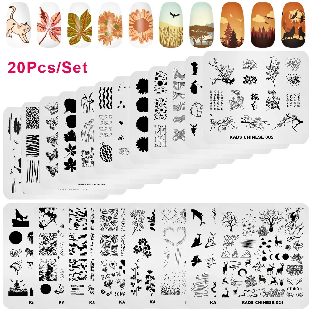 

NEW2023 20 PCS Plate Set Nail Stamping Plates Valentine's Day Animal Flower Line Leaves Nail Art Supplies Stamp Stencil