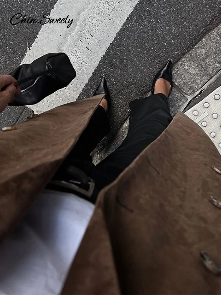 Женский Длинный замшевый тренчкот элегантный двубортный большого размера с