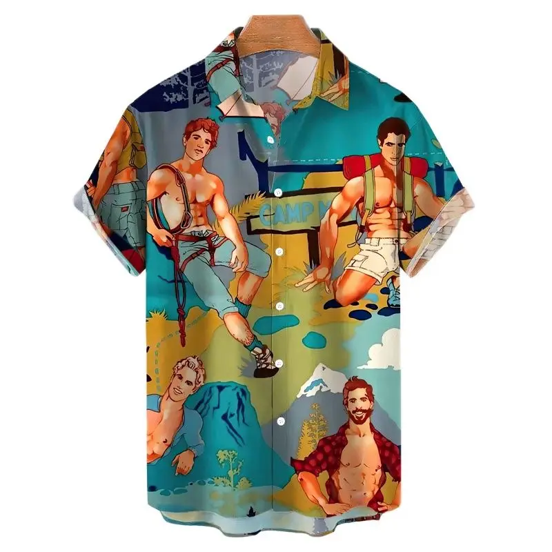 

Рубашка мужская Винтажная с 3D-принтом для фитнеса, топ с лацканами и коротким рукавом, уличная одежда в стиле Харадзюку, трендовая блузка в с...