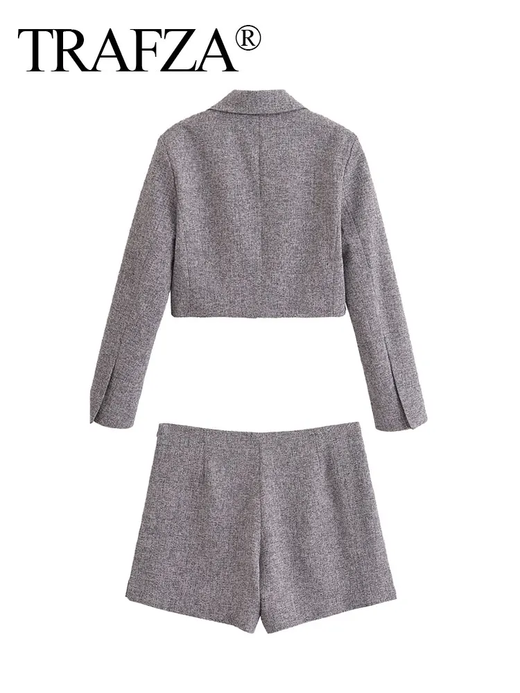 TRAFZA 2024 женские летние серые шорты комплект в стиле ретро блейзер на одной