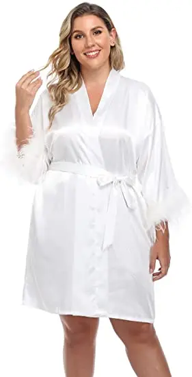 Restve Feathers Women Robes With Sashes White Long Sleeve V Neck Home Robe Sexy Female Satin Bathrobe Solid Winter Casual 2022 |