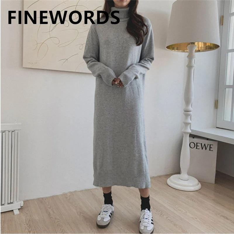 

FINEWORDS Autumn Winter Korean Elegant Casual Knitted Long Dress Solid Loose Split Vintage Dress Turtleneck A Line Casual Dres