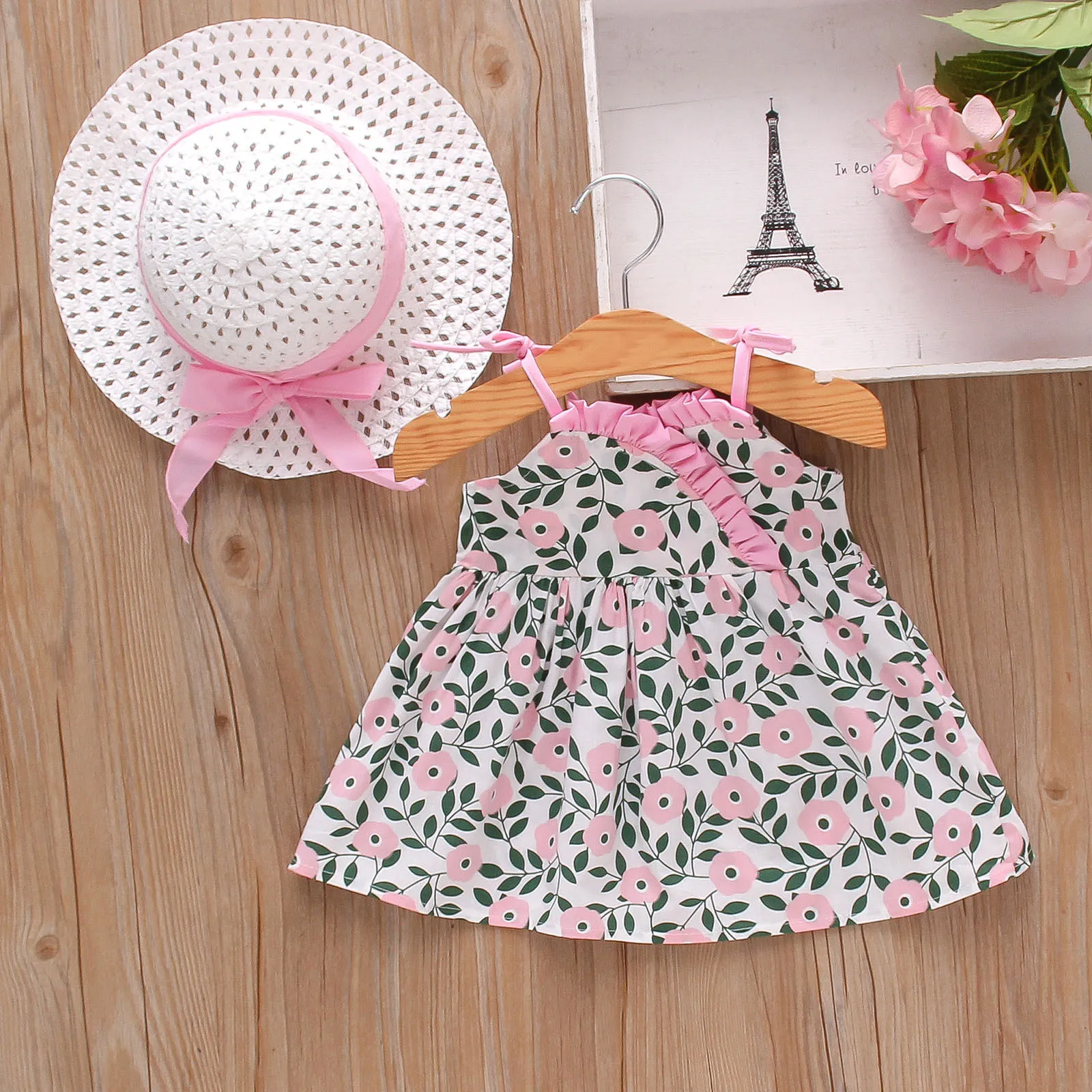 

Летнее Детское платье для девочек, комплект из 2 предметов, Детский костюм, платье без рукавов с цветочным рисунком и сарафан, платья с оборк...