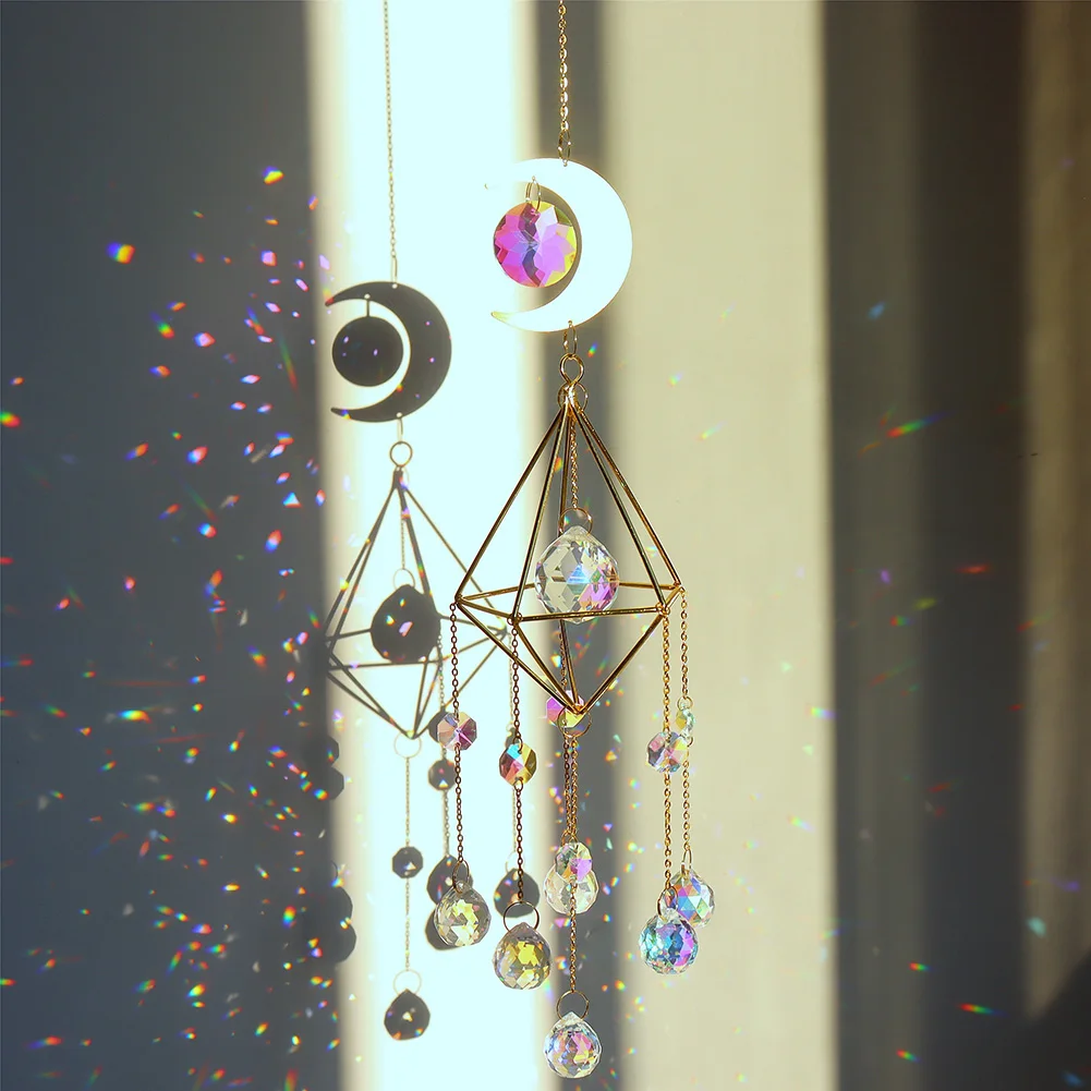 

Crystal Windchime Handmade Sun Moon Catchers Hanging Ornament Star Lighting Ball Moon Pendant Rainbow Chaser Dream Catcher
