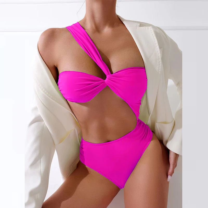 

New One Shoulder Push Up High Waist Swimsuit One Piece Solid Color Hollow Out Bodysuits Summer Backless Holiday Beachwear Bikini