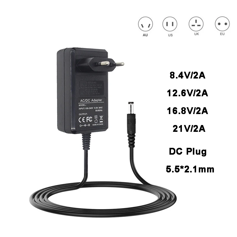 

8.4V 12.6V 16.8V 2000mA Adapter Power Supply 21V 21A Battery Charger DC 5.5*2.1MM for 18650 Li-ion Lithium Battery Screwdriver
