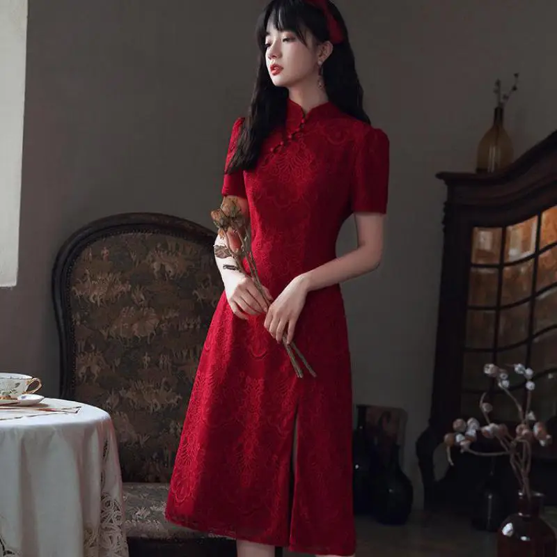 

Women Qipao Cheongsam Classic Mandarin Vintage Burgundy Lace Collar Banquet Dress Sexy Short Chinese Dress Evening Party Dress