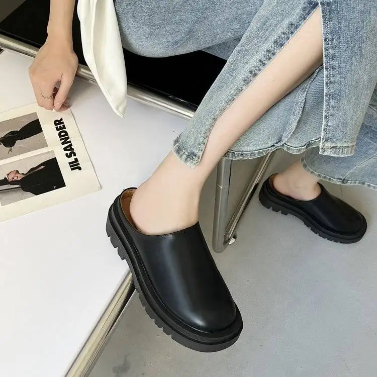 35-Size 43 Large Size Women's Shoes Fat Feet Spring Platform Half Slippers Slip-on Closed Toe Sandals