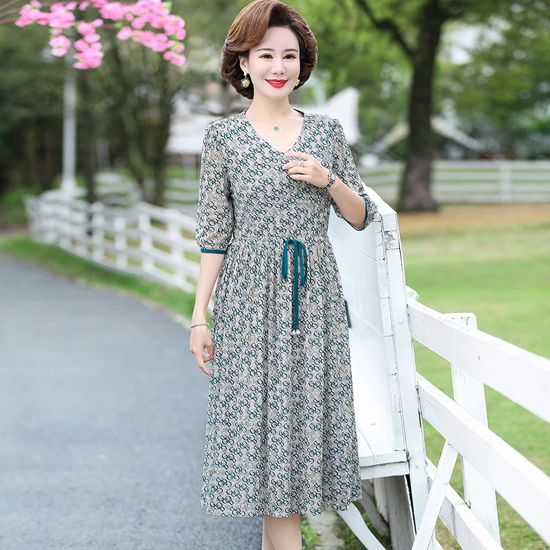 

Summer 2023 Broken Flower Printed Midi Dress Women's Clothing A-Line Commute Round Neck Gauze half sleeve Chiffon Dress