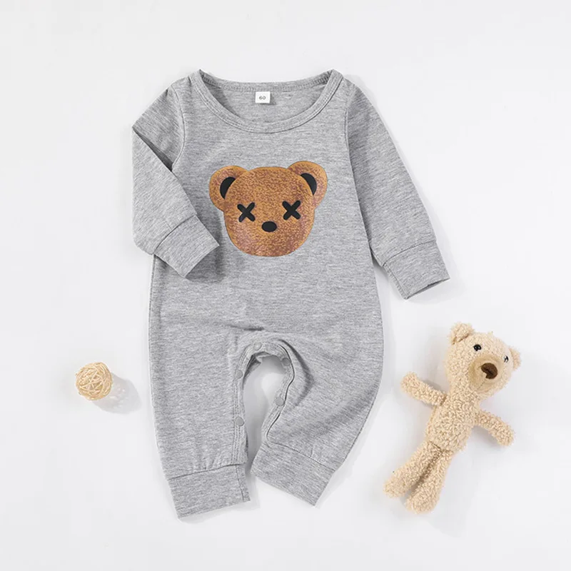 

New 2022 Summer Infant Newborn Boys Romper Long Sleeve Print Bear Gray Baby Boys Cute Rompers Clothes Outfits 0-2T