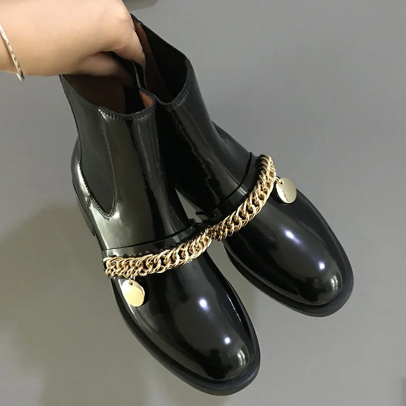

Band Woman Elastic Modern Women Shoe Shiny Leather Chelsea Ankle Boots Designer Gold Chain Ladies Shoes botas de mujer
