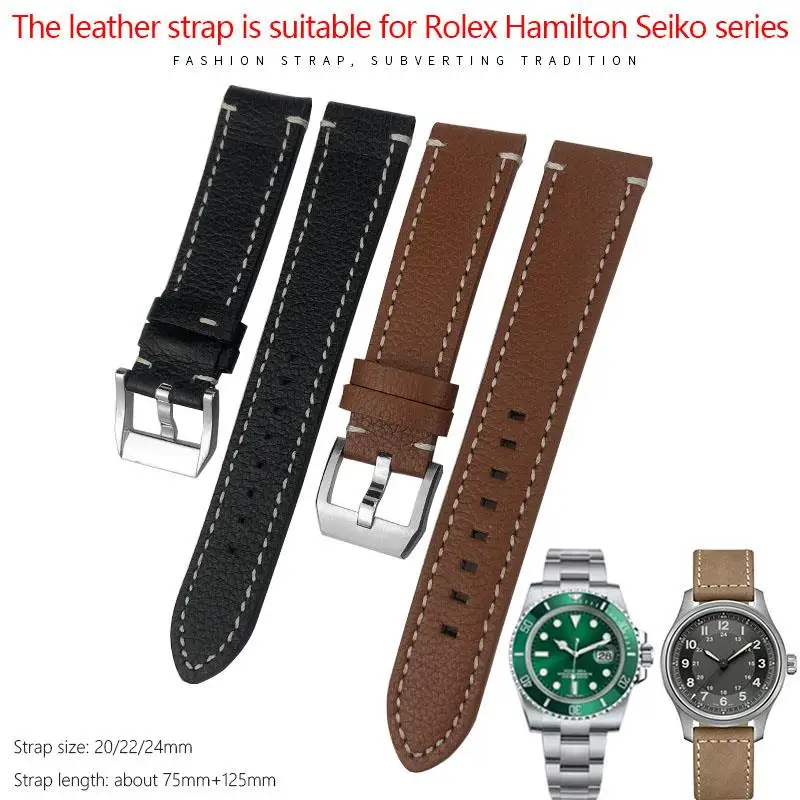 

18mm 20mm 22mm 24mm Leather Watch Strap Black Brown Watch Bands for Rolex Omega Seamster Hamilton Seiko Tissot Men Bracelet