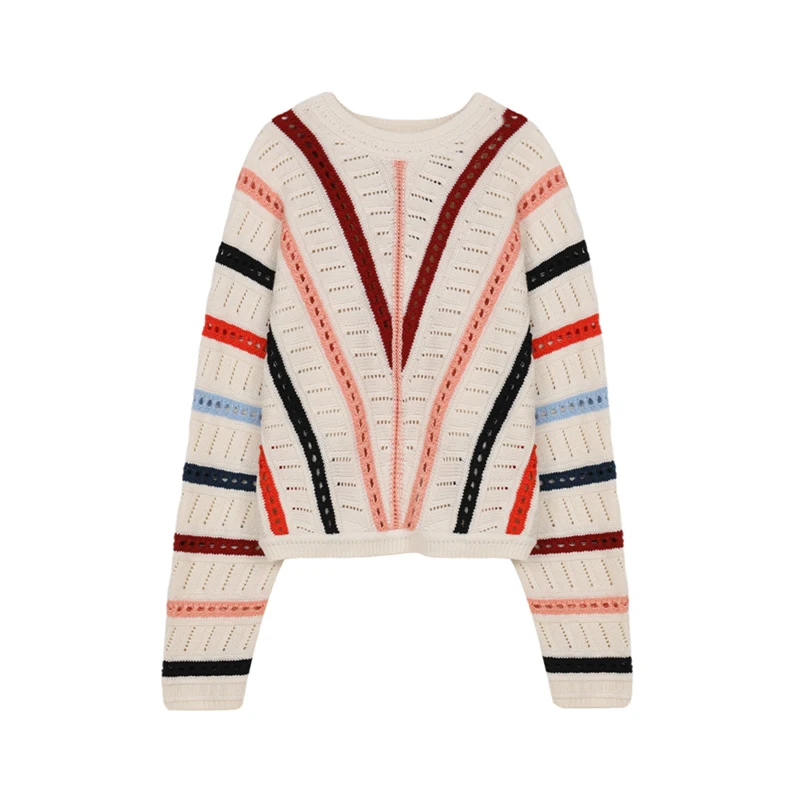 

Women's Hooked Flower Hollow Rainbow Stripe Bat Sleeve Knitwear Tops Spring Autumn New Chic Women's Thin Knitted Sweater