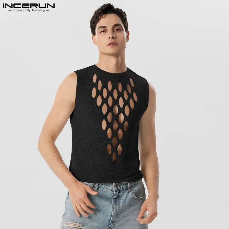 

INCERUN Men Tank Tops Hollow Out Solid O-neck Sleeveless Sexy Vests Men Streetwear 2023 Summer Fashion Party Men Clothing S-5XL