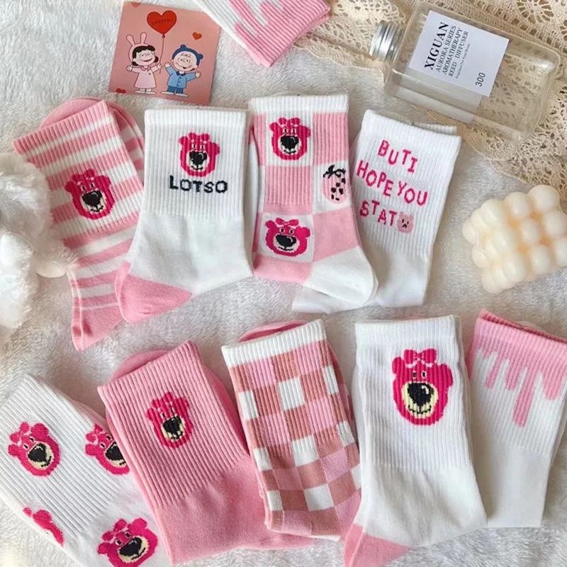 

Cute Bear Loso Disney Socks Women's Harajuku White Pink Cartoon Kawaii Anime Sock Happy Funny Printed Thigh Tall Socks Stockings
