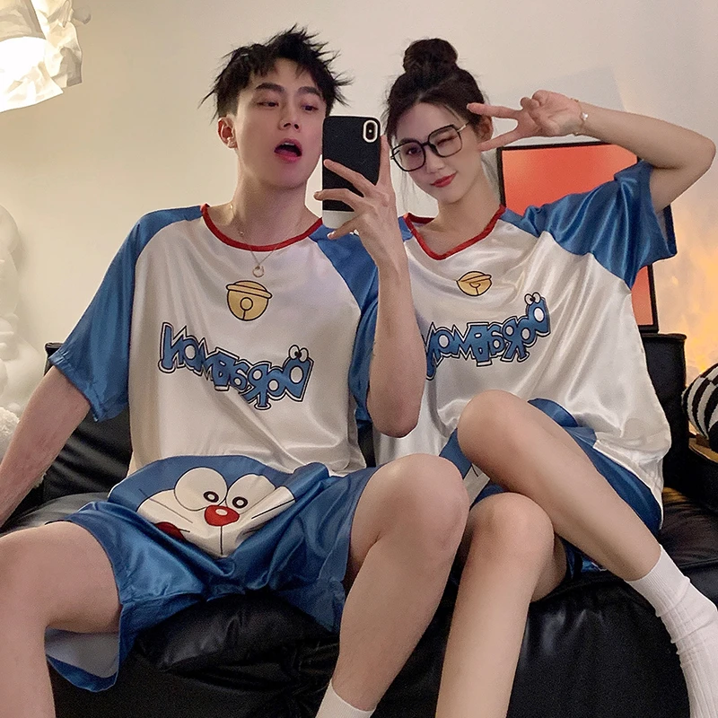 3XL Summer Pajama Sets Women Men Couple Leisure Home Clothes Pajamas Silk Cloth Pyjama Pour Femme Cartoon Doraemon Sleepwear