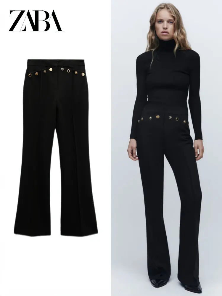 

ZABA Women's Autumn and Winter New High-waisted Slim-fit Horseshoe Trousers with Metal Buttons and High-waisted Flared Trousers