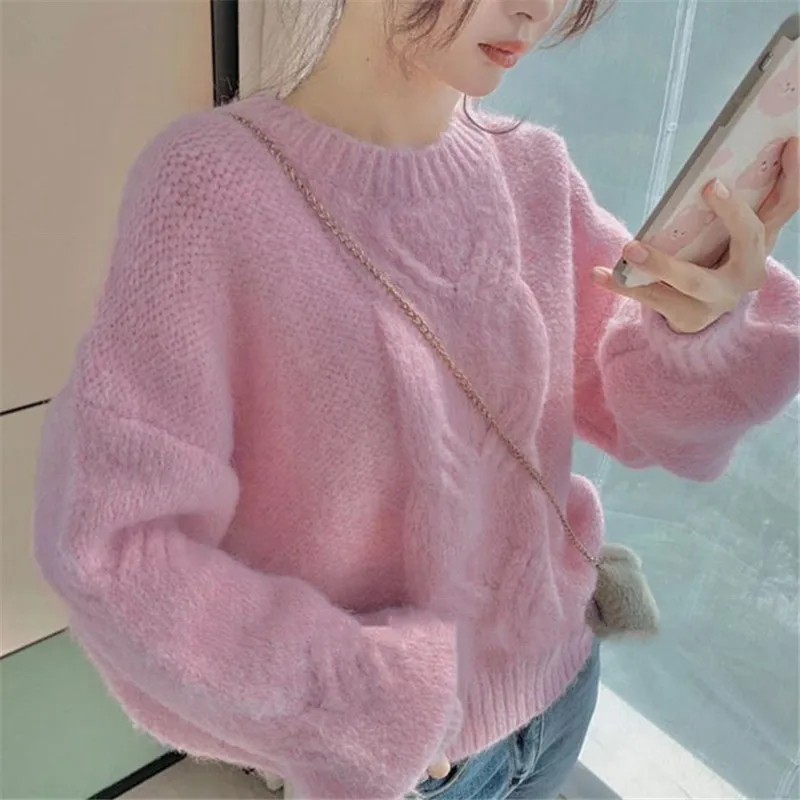 

Limiguyue Pink Twist Mohair Soft Cashmere Women Sweater Autumn Winter O-Neck Wool Knit Pullover Long Sleeve Basic Jumper E304