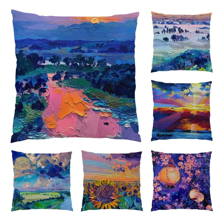 

Pillow Covers Decorative Cushion Artistic Home Decoration Oil Painting Ornamental Pillows for Living Room Polyester Linen E0314