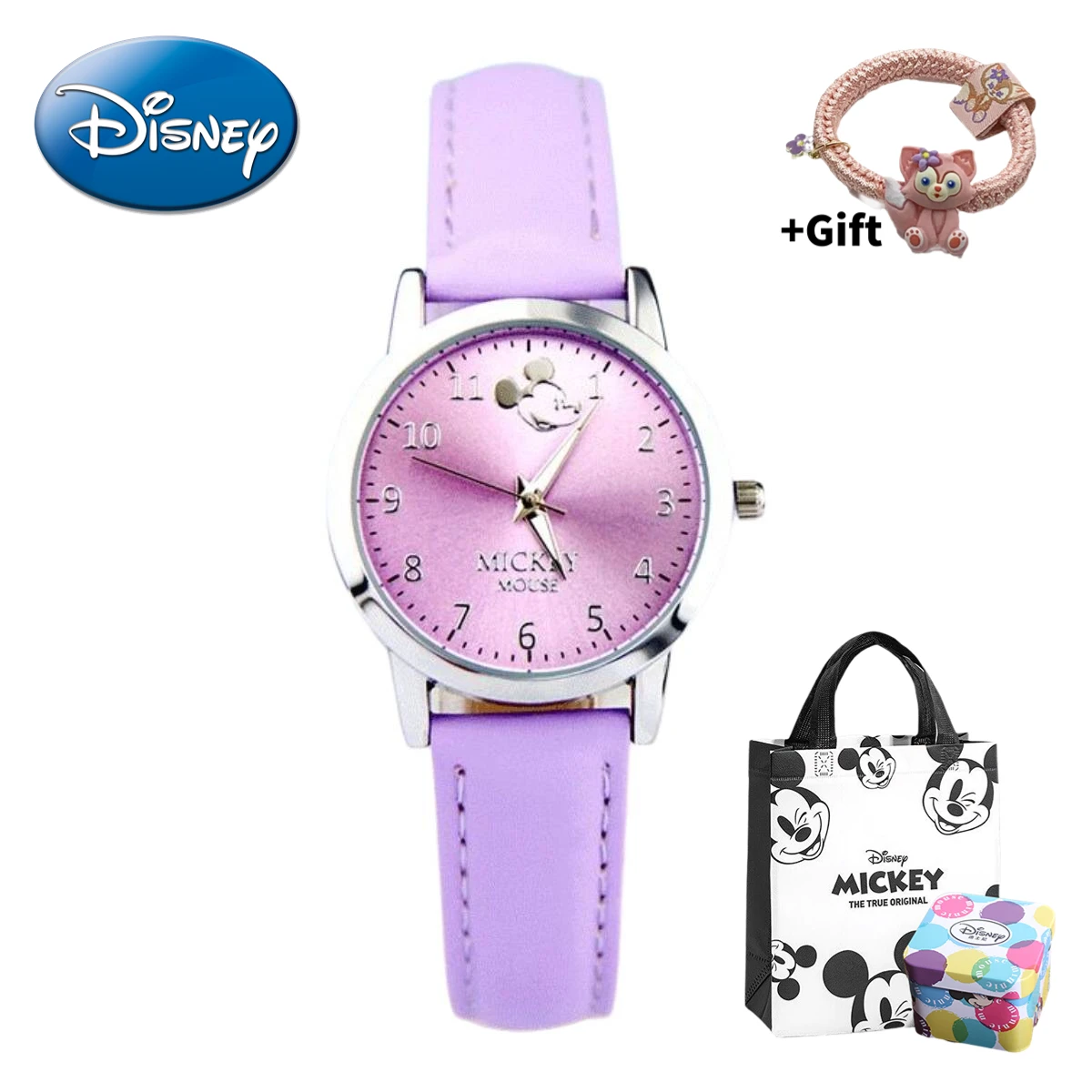 Фото Disney Микки фиолетовые счастливые цветные студенческие кварцевые часы для девочек водонепроницаемые часы подарок для детей с коробкой №1