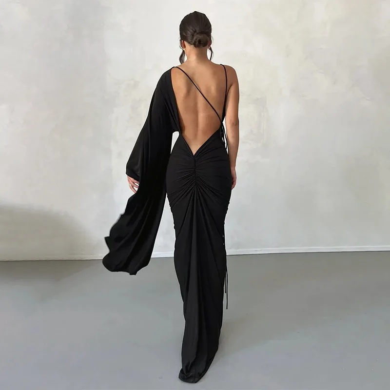 

Summer Backless Sexy Maxi Dresses For Women 2023 One Shoulder Full Sleeve Elegant Party Evening Dress Deep V Bodycon Lady Robe