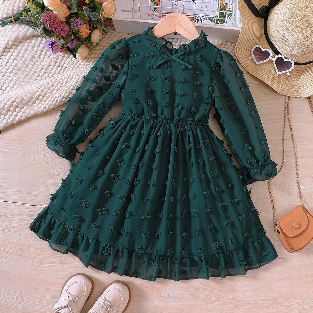 

Новинка 2023, зимнее платье для девочек с длинным рукавом, круглым вырезом и оборками, Сетчатое милое зеленое дизайнерское платье принцессы для девочек, платье 18M-7T