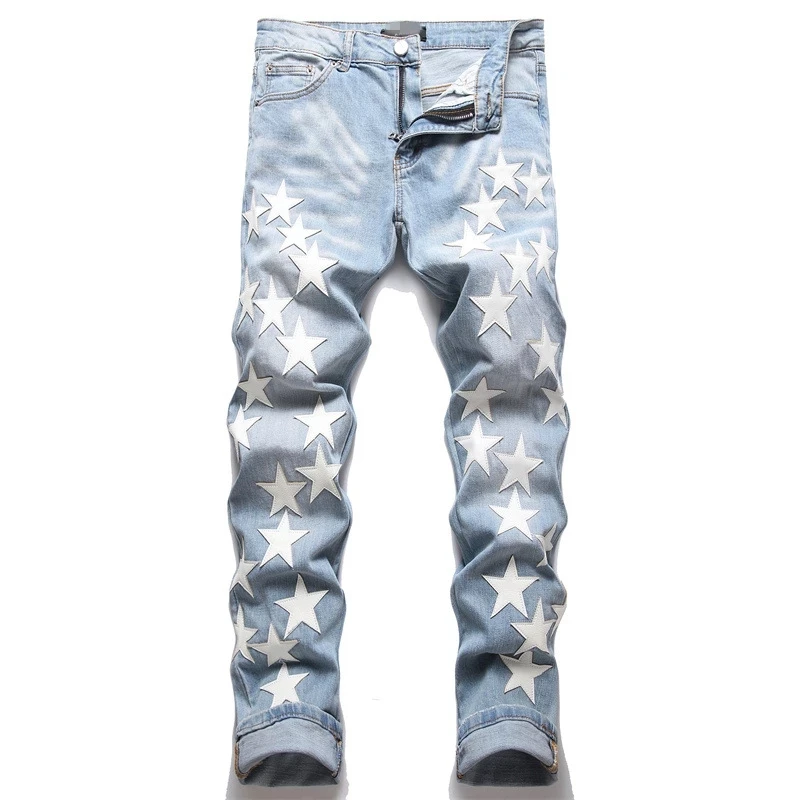 

High Quality Punk Retro Blue Ripped Jeans Fashion Casual Men's Cotton Slim Stretch Pants Embroidered Pentagram Denim Trousers