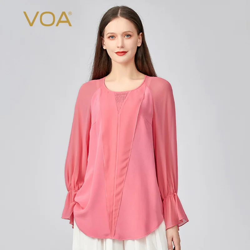 

VOA Sweet Flare Long Sleeves Pink Silk Woman Tshirts Autumn New Simple O-Neck Folds Office Ladies Loose Tops Female Casual BE867