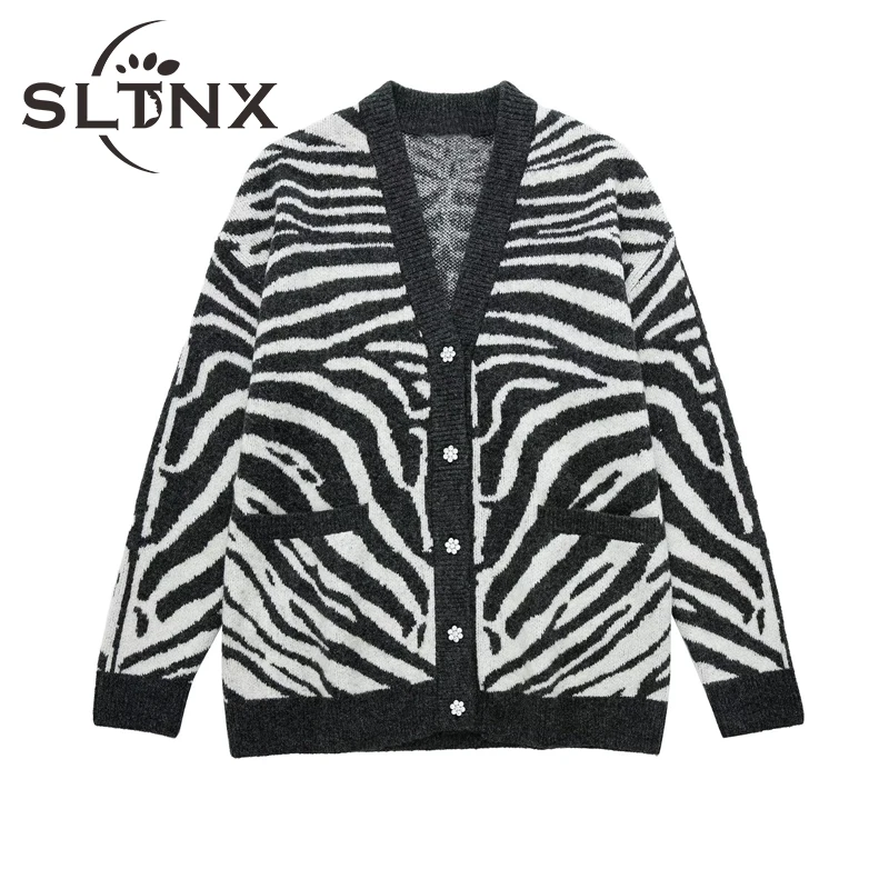 

SLTNX 2022 Woman Sweater Winter Knit Striped Cardigans V-Neck Long Sleeve with Pockets Vintage Cardigan Sweater Ladies Loose Top