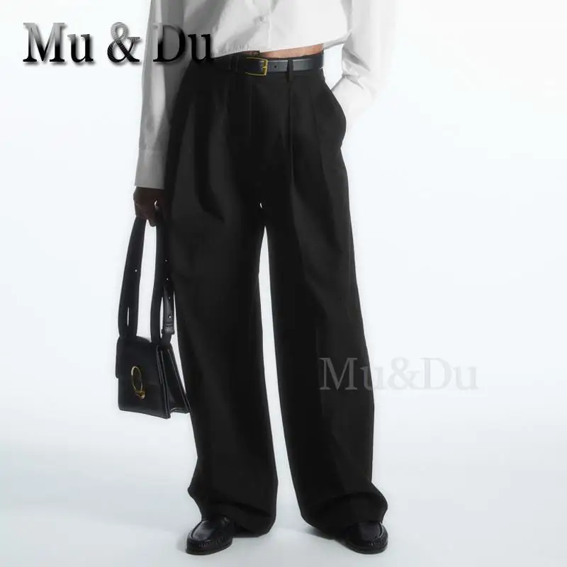 

Mu&Du Women's Commute Suit Pants Solid Simple High Waist Straight Pants Female Casual Work Versatility Wide Leg Trousers Mujer