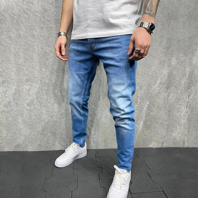 

2022 Men's New Jeans Stretch Casual Blue Ripped Slim Fit Denim Trousers