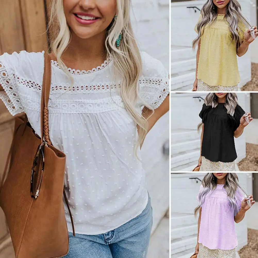

Beautiful Shirt Blouse Short Sleeve Anti-Pilling Sweet Shirt Crochet Lace Summer Pullover Top