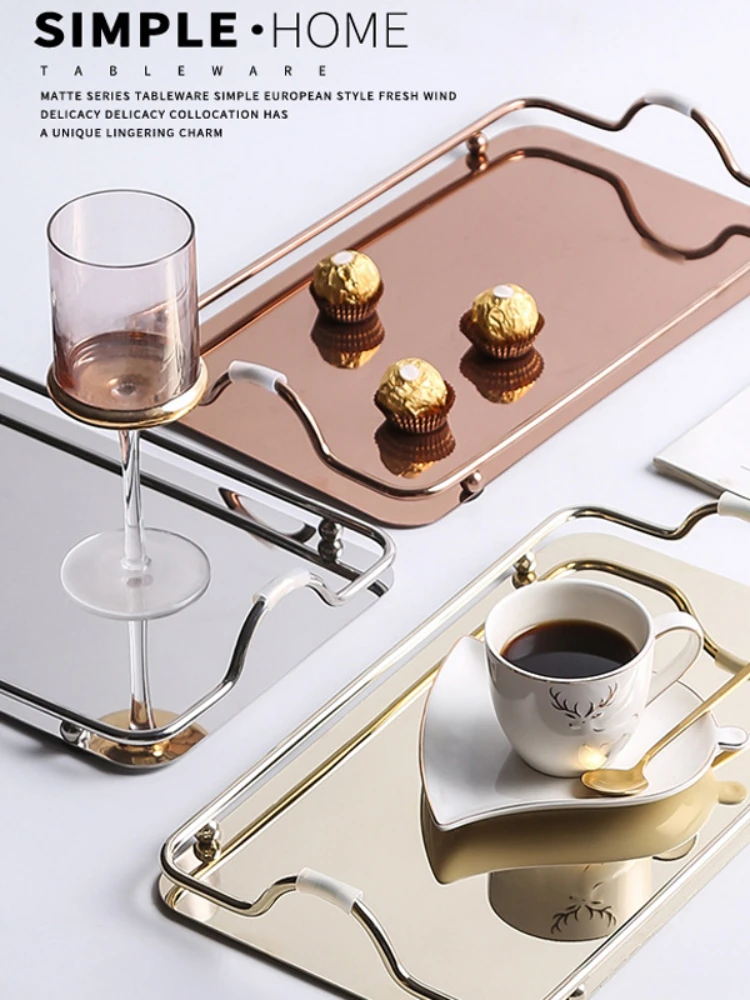 

Large Rectangle Tray with Handle, Gold/Silver Serving Trays, Decorative Luxury Tea Tray, Coffee Table Decor