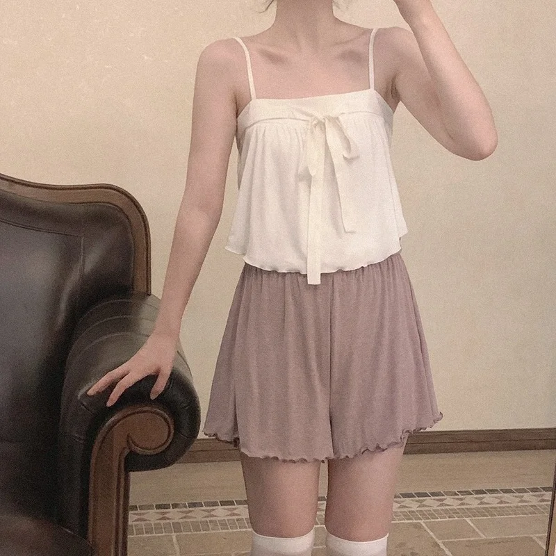 

Cute Crop Top Women Summer White Tops for Sweet Girl Kawaii Clothes Ribbon Bow Camis