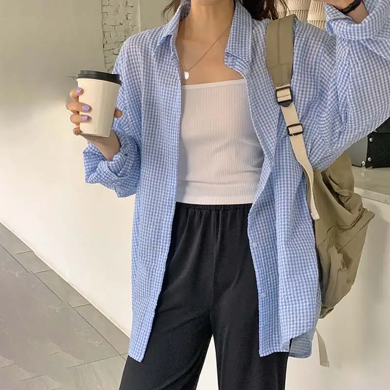 

VONDA Spring Women Long Sleeve Lapel Collar Blouse Shirt Casual Blusa Tops Blusa Oversized Femme Button Up Checked Plaid Chemise