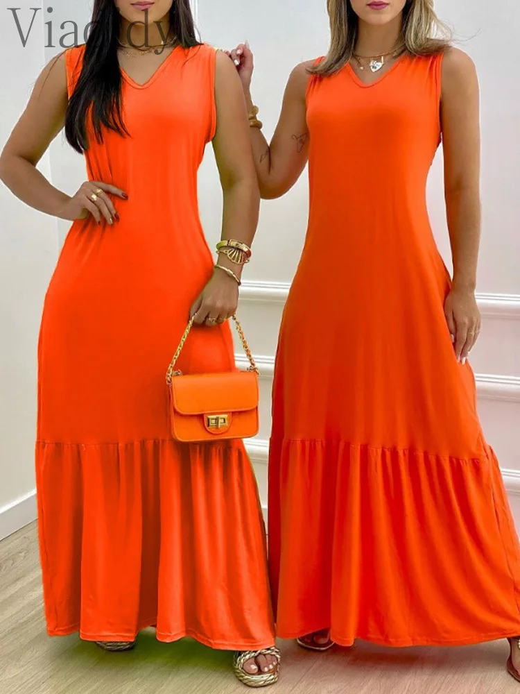 

Women Casual Solid Color Sleeveless V-Neck Casual Maxi Dress