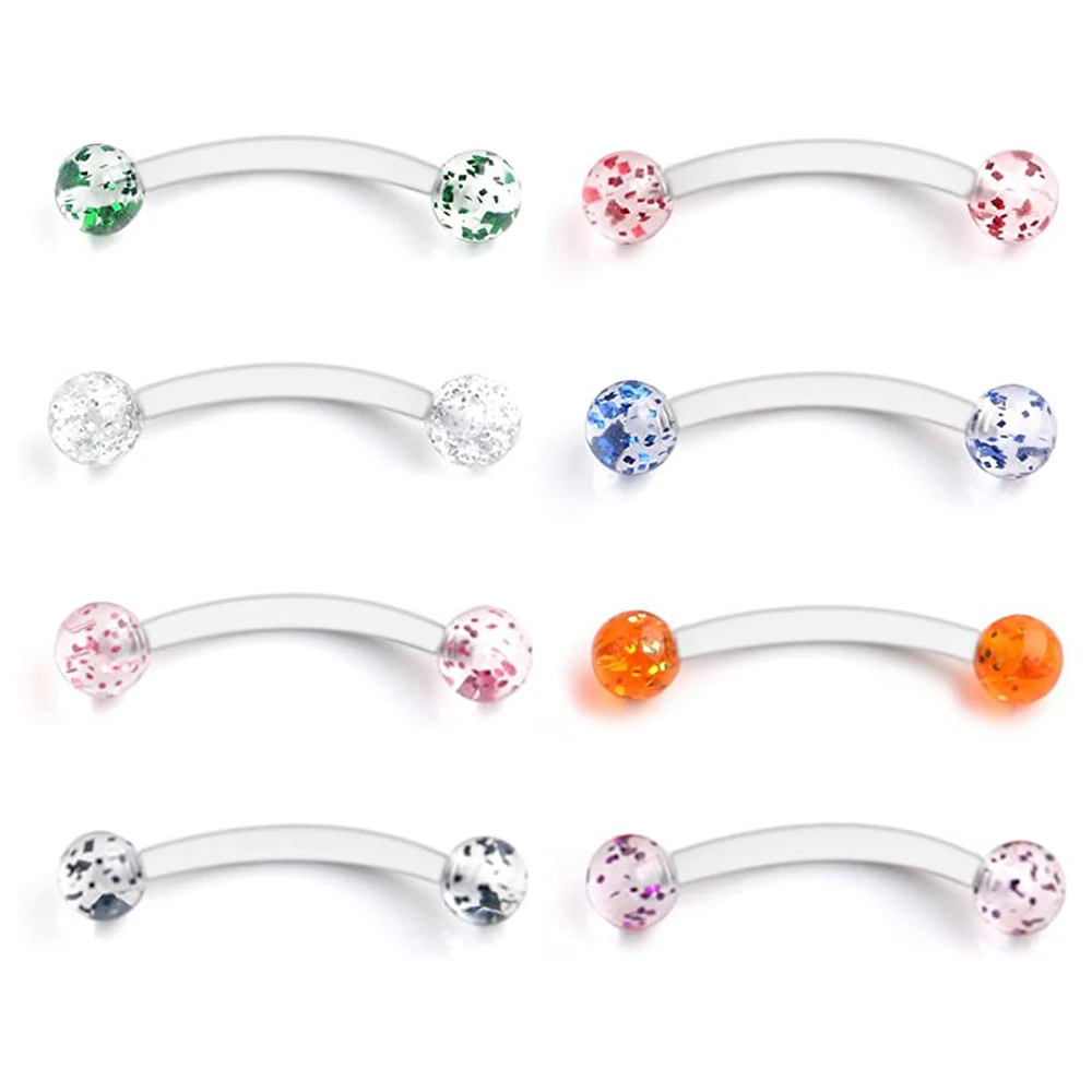 

8PCS 16G Glitter Bioflex Acrylic Curved Barbell Snake Eyes Tongue Ring Eyebrow Retainer Piercing