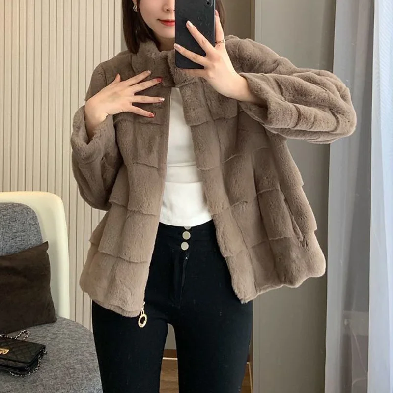 Autumn Winter Warm Stand Collar Faux Fur Jeacket Women Long Sleeve Plush Short Coat Woman Zipper Coats Ladies