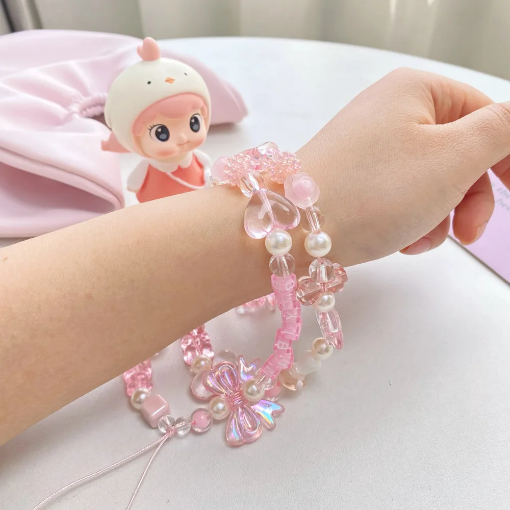 Fashion Popular Resin Pink Bow Beaded Practical Lanyard Delicate Bracelet Anti-Lost Mobile Phone Chain Ladies Jewelry Accessory