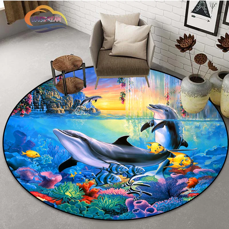 

Oceanic dolphins Carpet 3D marine organism Round Carpet Anti-Slip Mat for Bedroom Floor Mat Computer Chair Mat Home Decoration